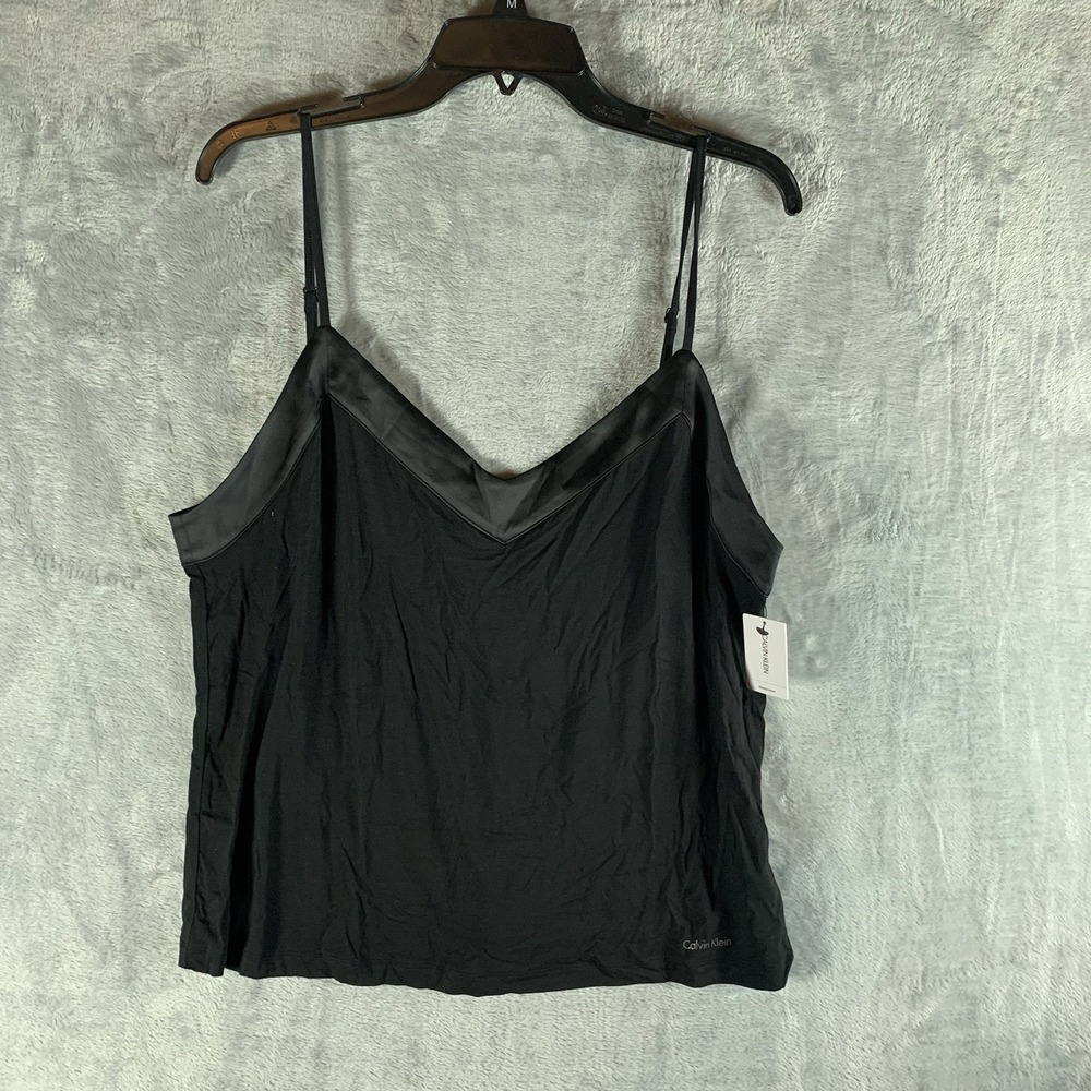 Calvin Klein Women's PJ Tank Top L Black Satin Trim V Neck Strappy Y2K NWT‎